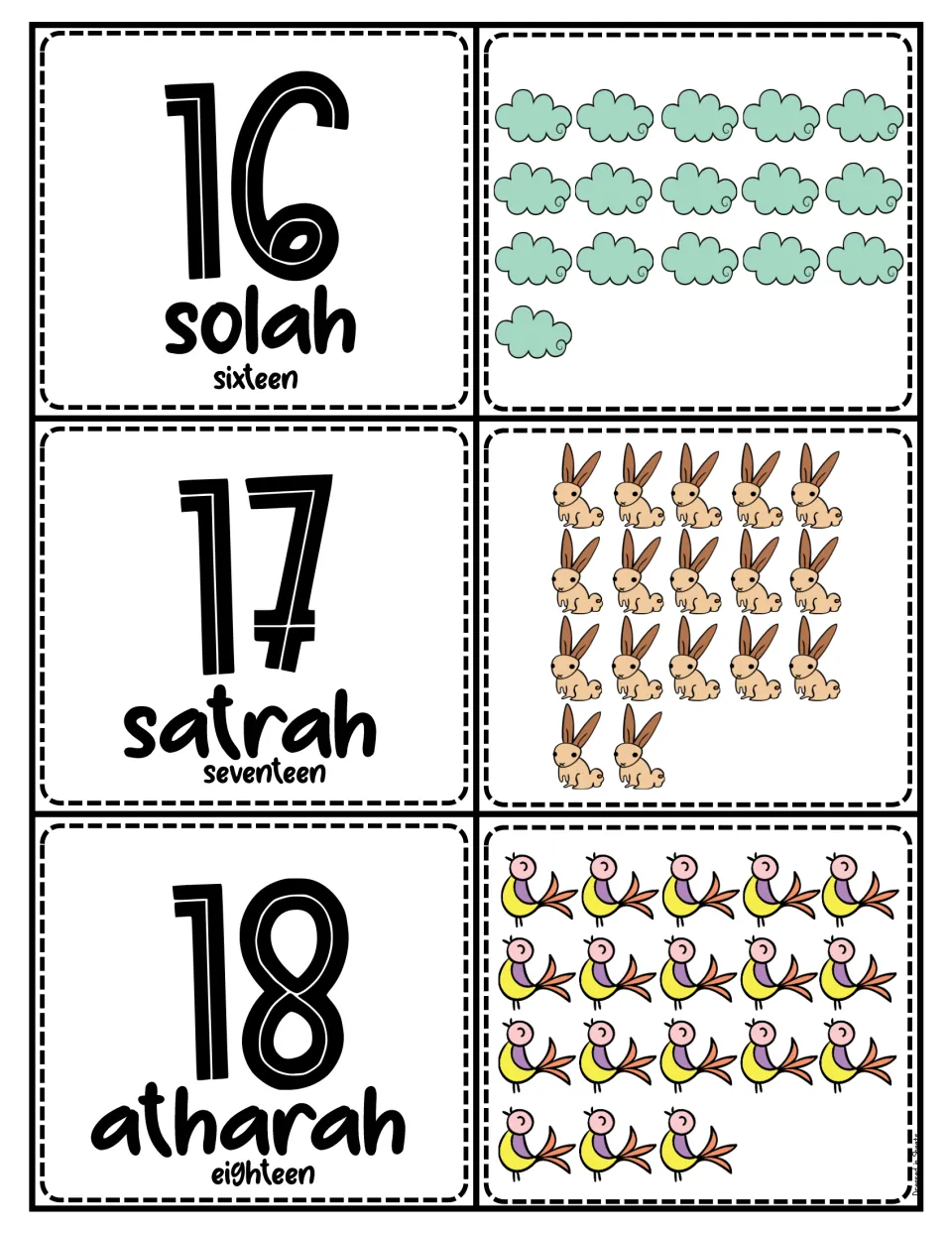 Urdu numbers 16-18: solah, satrah and atharah numeral cards matched to pictures of 16 clouds, 17 rabbits and 18 birds