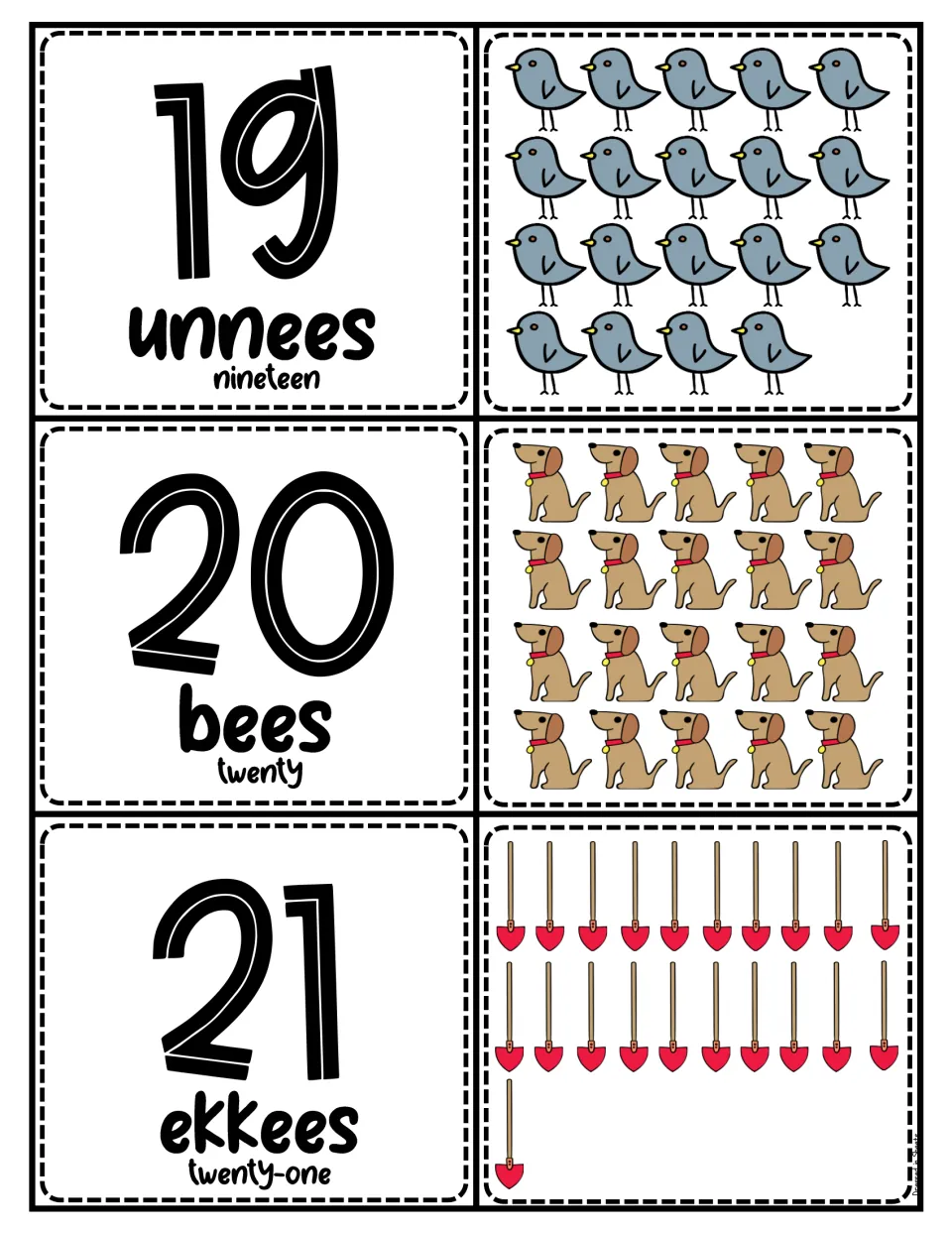 Urdu numbers 19-21: unnees, bees and ekkees cards with English words, paired with 19 birds, 20 dogs and 21 shovels