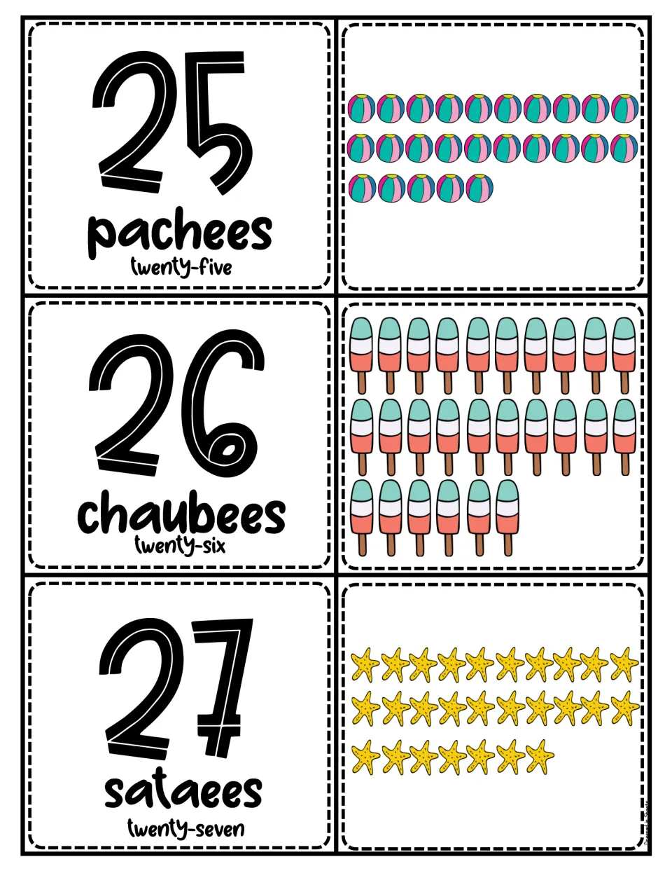 Urdu numbers 25-27: pachees, chaubees (as printed for 26) and sataees cards with 25 beach balls, 26 ice pops, 27 starfish