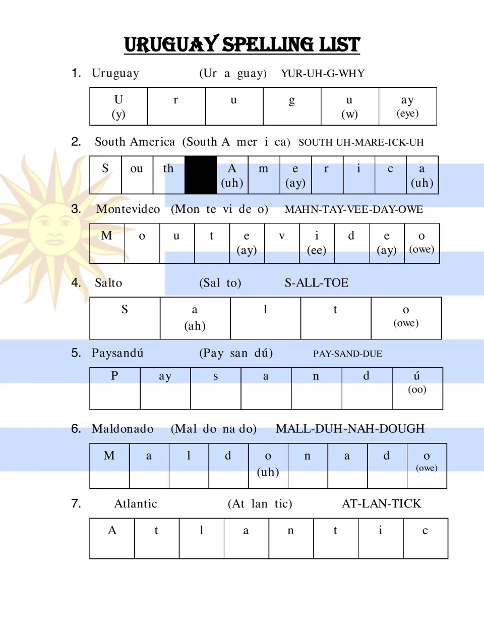 Spelling words 1–7, from Uruguay to Atlantic, with syllable breaks, sound spellings and pronunciation guides.
