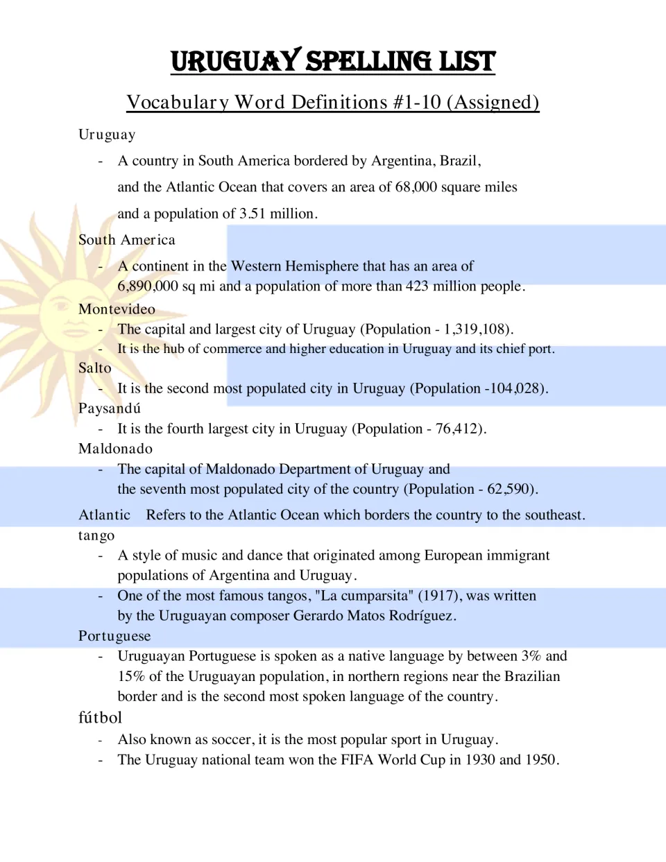 Definitions for spelling words 1–10 cover Uruguay, its cities, South America, Atlantic, tango and more.