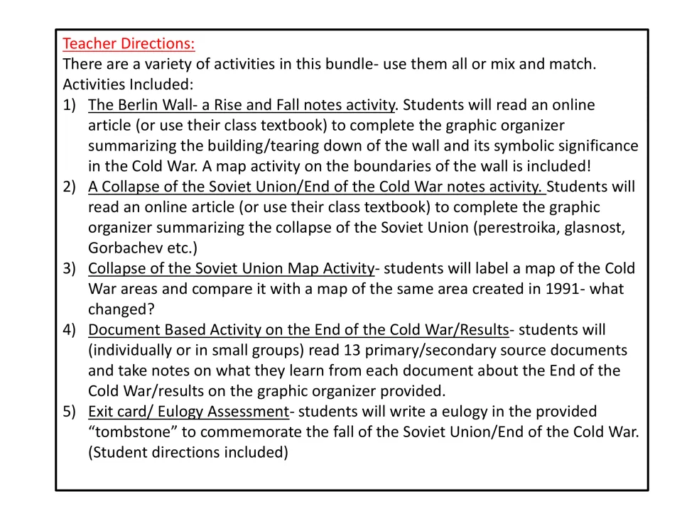 Teacher directions listing five activities: Berlin Wall notes, Soviet collapse notes, map activity, 13-document DBQ, eulogy