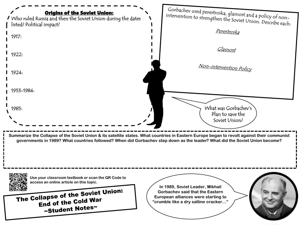 Soviet Union collapse notes: students list rulers 1917-1985, define perestroika and glasnost, summarize 1989 revolts