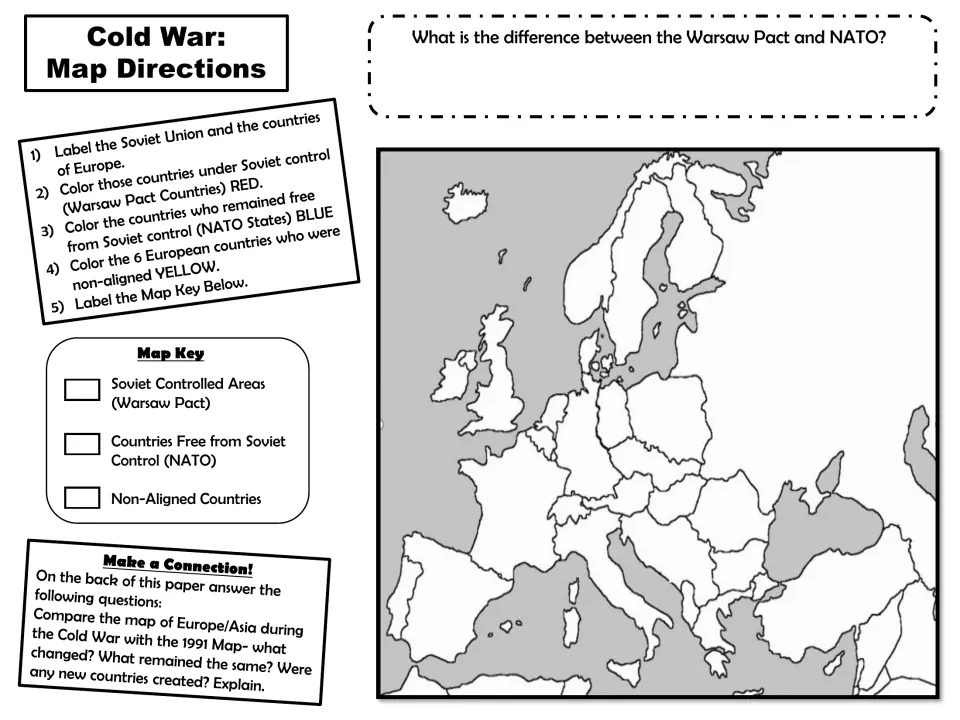Cold War Europe map labeling: students label countries, color Warsaw Pact red, NATO blue, non-aligned yellow
