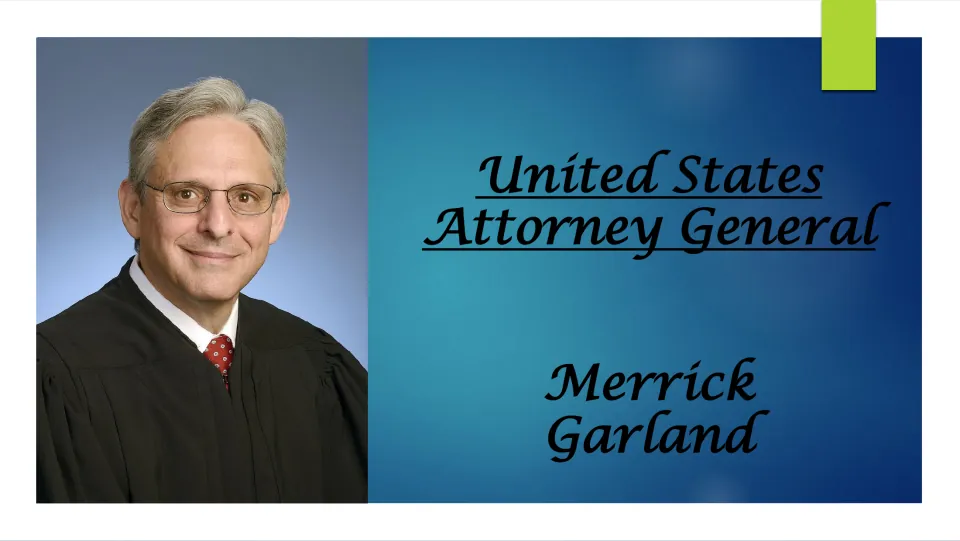 Biography presentation cover introducing Merrick Garland as United States Attorney General, with his portrait