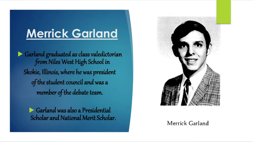 High school biography slide covering Garland’s valedictorian status, student leadership, debate, and honors