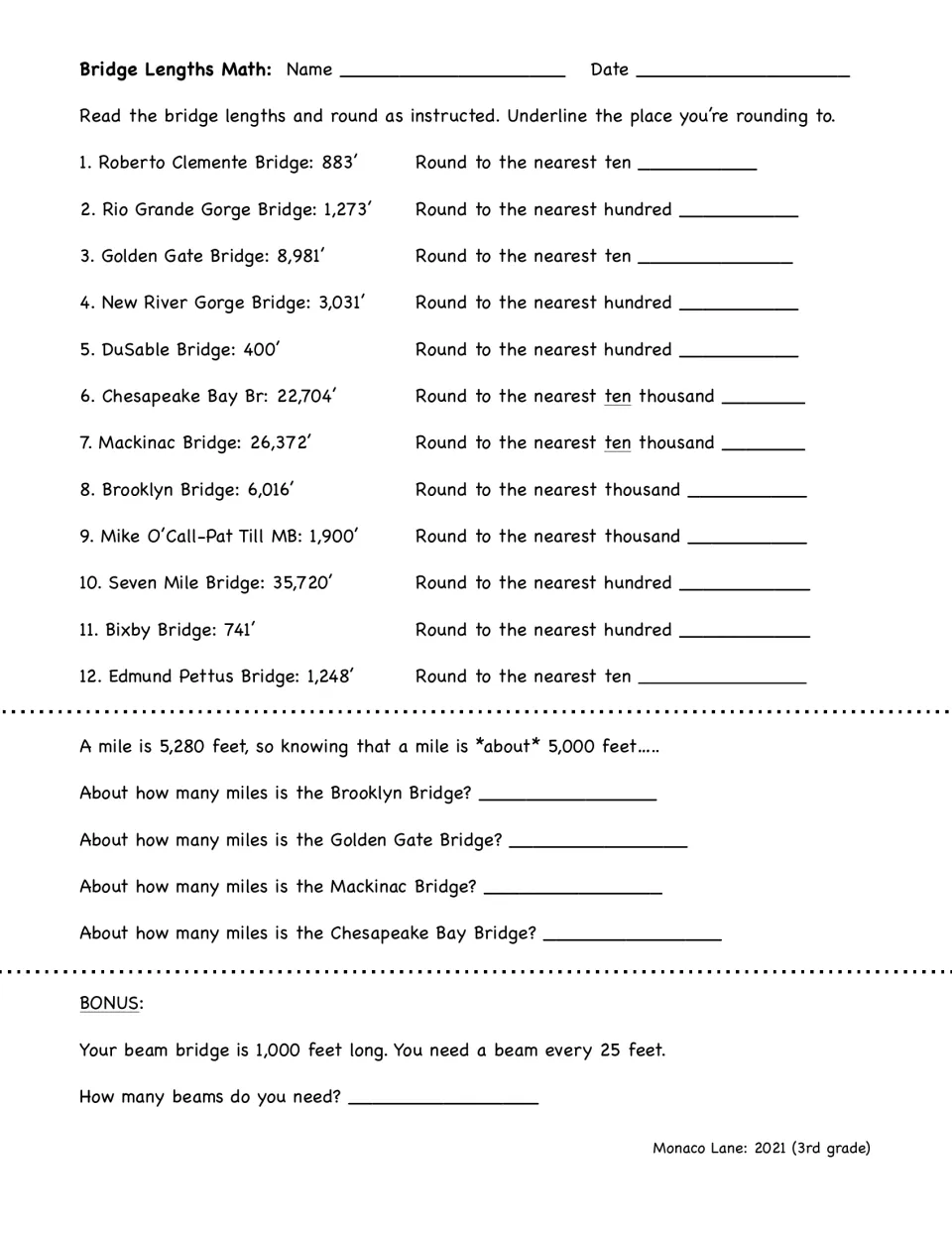 Rounding bridge lengths: students round to the nearest ten, hundred, thousand or ten thousand, then estimate miles