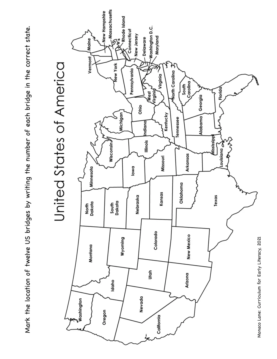 U.S. map activity: write the numbers of 12 bridges from the reference list in their correct states