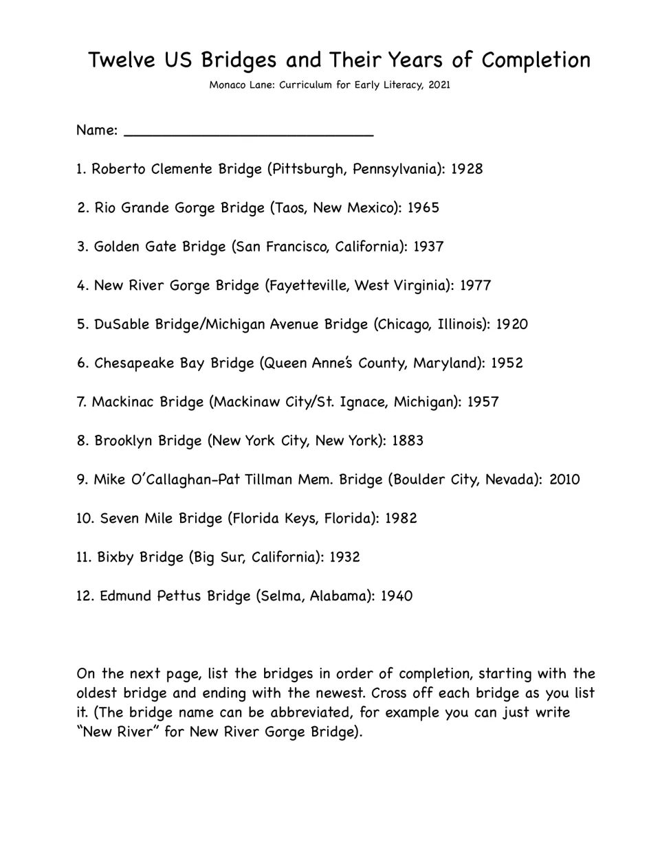 Reference list of 12 US bridges, their locations and completion years, including the Golden Gate Bridge (1937)