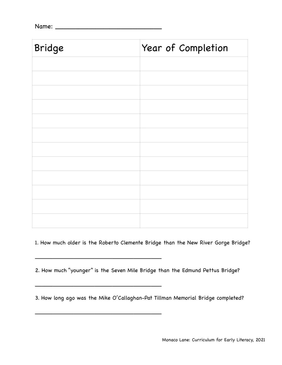 Student response page for ordering 12 bridges by completion year and answering three questions about their ages