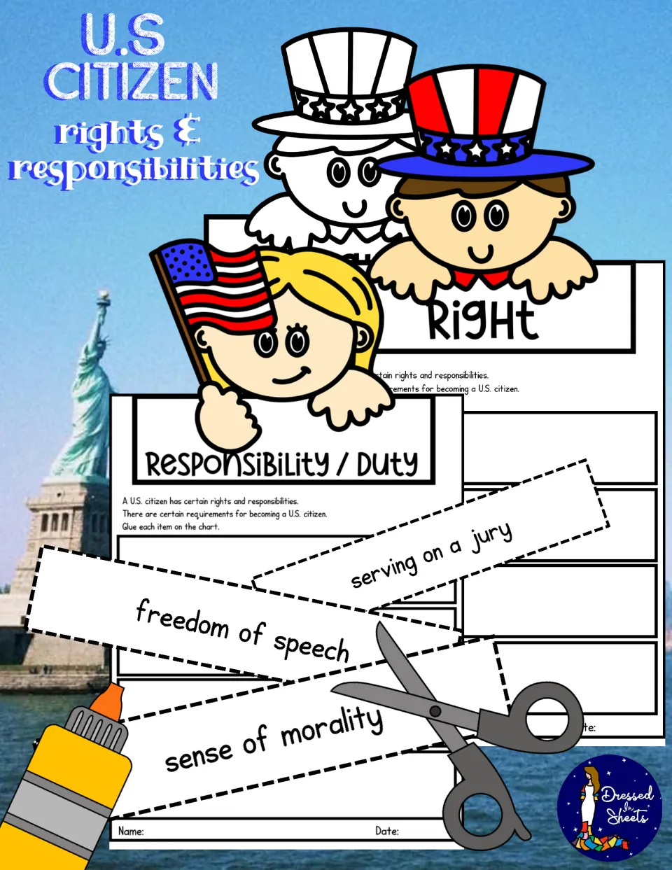 Cover for U.S. citizen rights & responsibilities: Right and Duty charts, strips like freedom of speech, serving on a jury