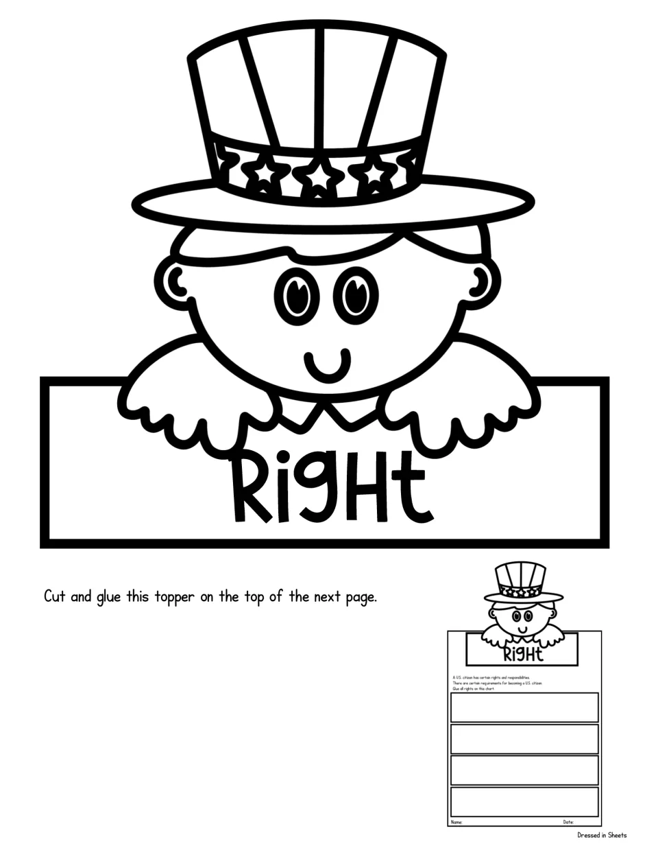 Citizen rights topper: students color and cut out a boy in a starred top hat labeled Right and glue it atop the next chart