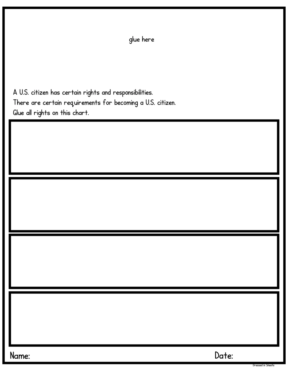 Rights sorting chart: students glue each citizen right into one of four spaces under the Right topper, with name and date