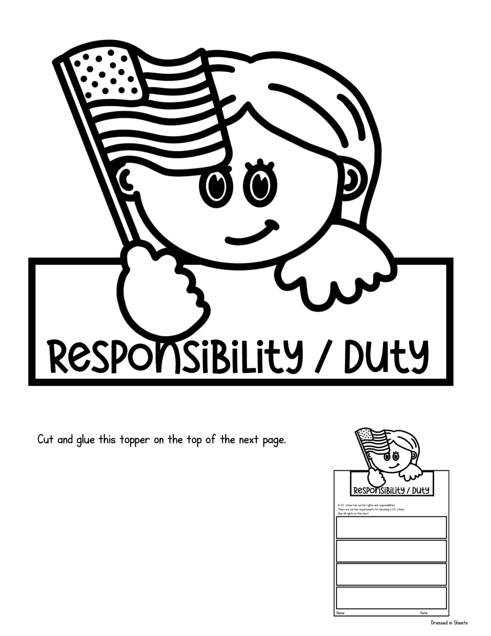 Citizen duties topper: students color and cut out a girl waving a flag labeled Responsibility / Duty for the next chart