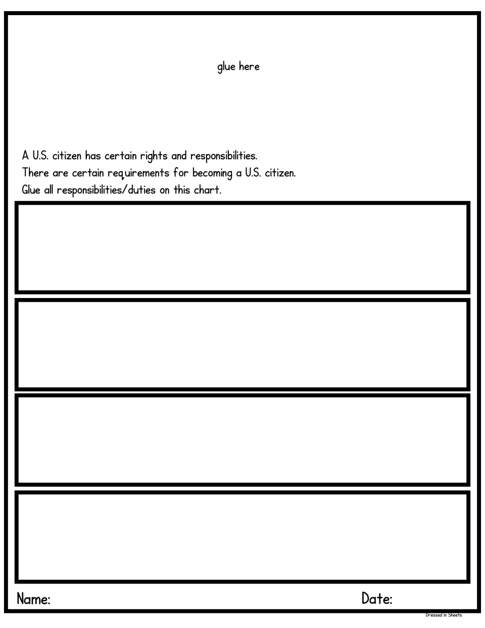 Responsibilities sorting chart: students glue each citizen responsibility or duty into four spaces below the Duty topper