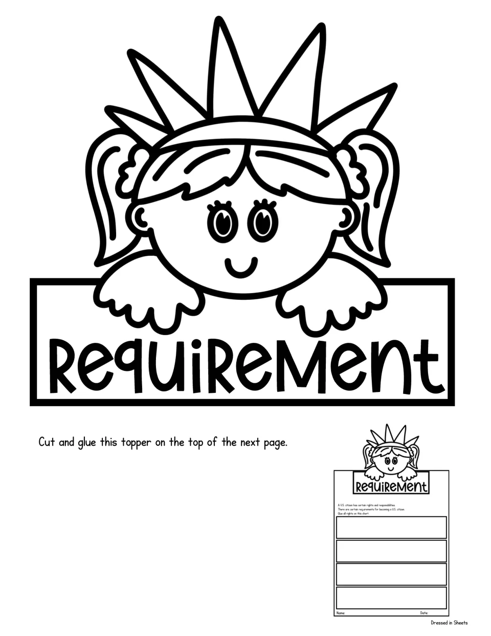 Citizenship requirements topper: students color and cut out a girl in a Statue of Liberty crown labeled Requirement