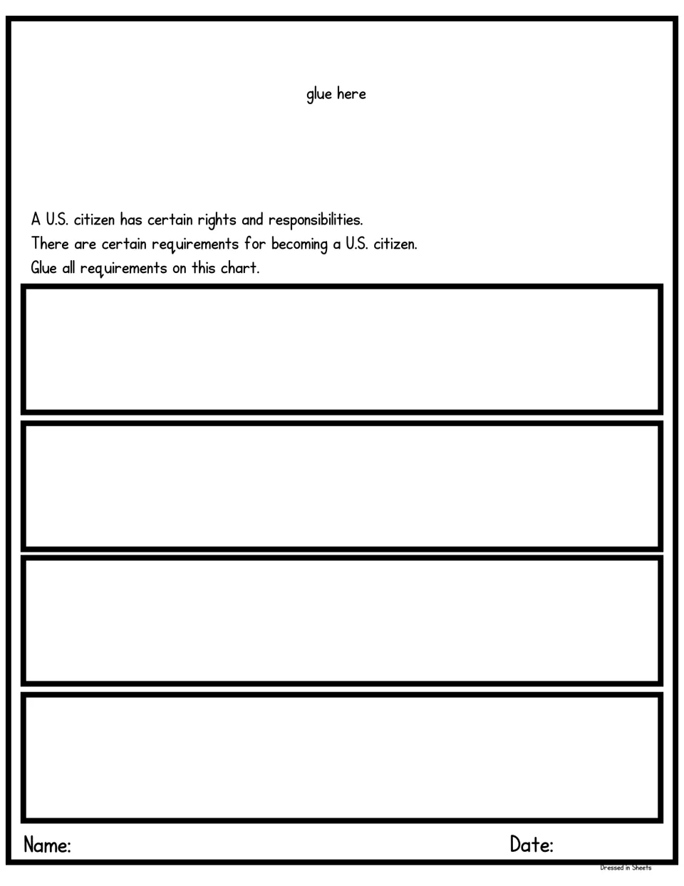 Requirements sorting chart: students glue each requirement for becoming a U.S. citizen into four spaces on the chart