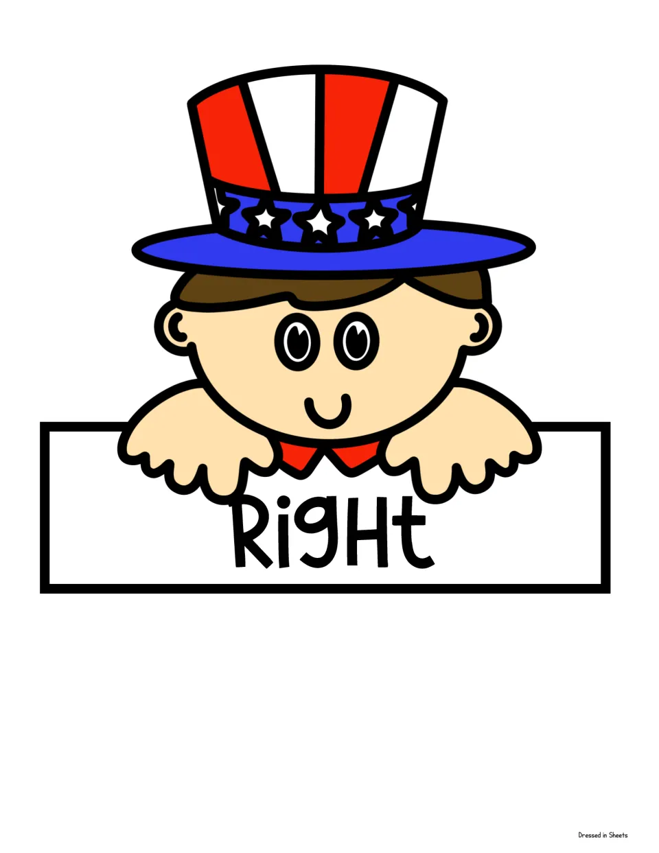Color Right topper: pre-colored boy in a red, white and blue starred top hat above the word Right, ready to cut out