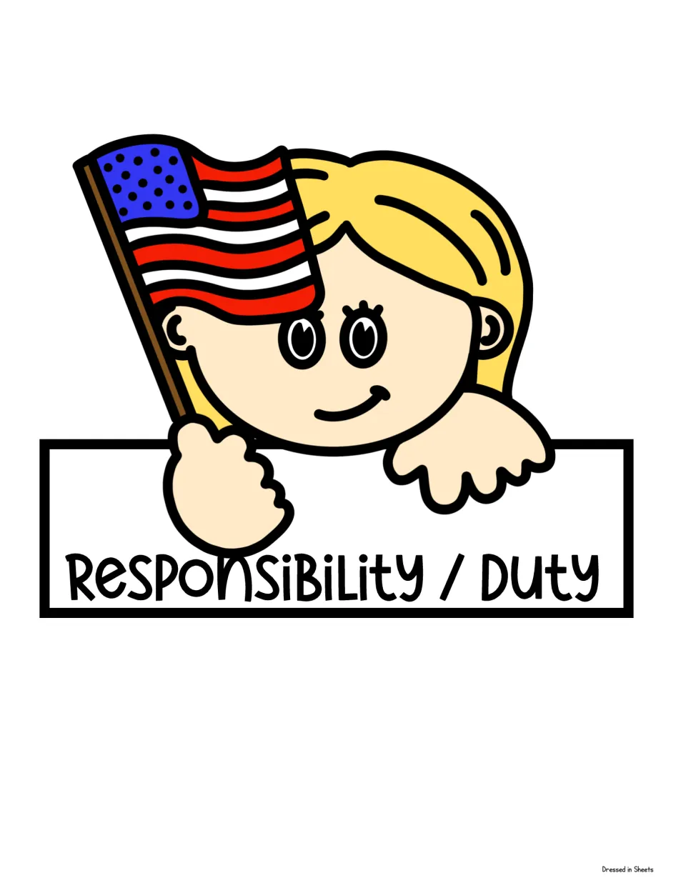 Color Responsibility / Duty topper: pre-colored blonde girl waving a U.S. flag above the label, ready to cut and glue