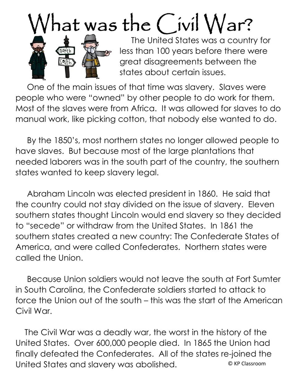 What was the Civil War? reading passage on slavery, Lincoln's election, secession, Fort Sumter and Union victory in 1865