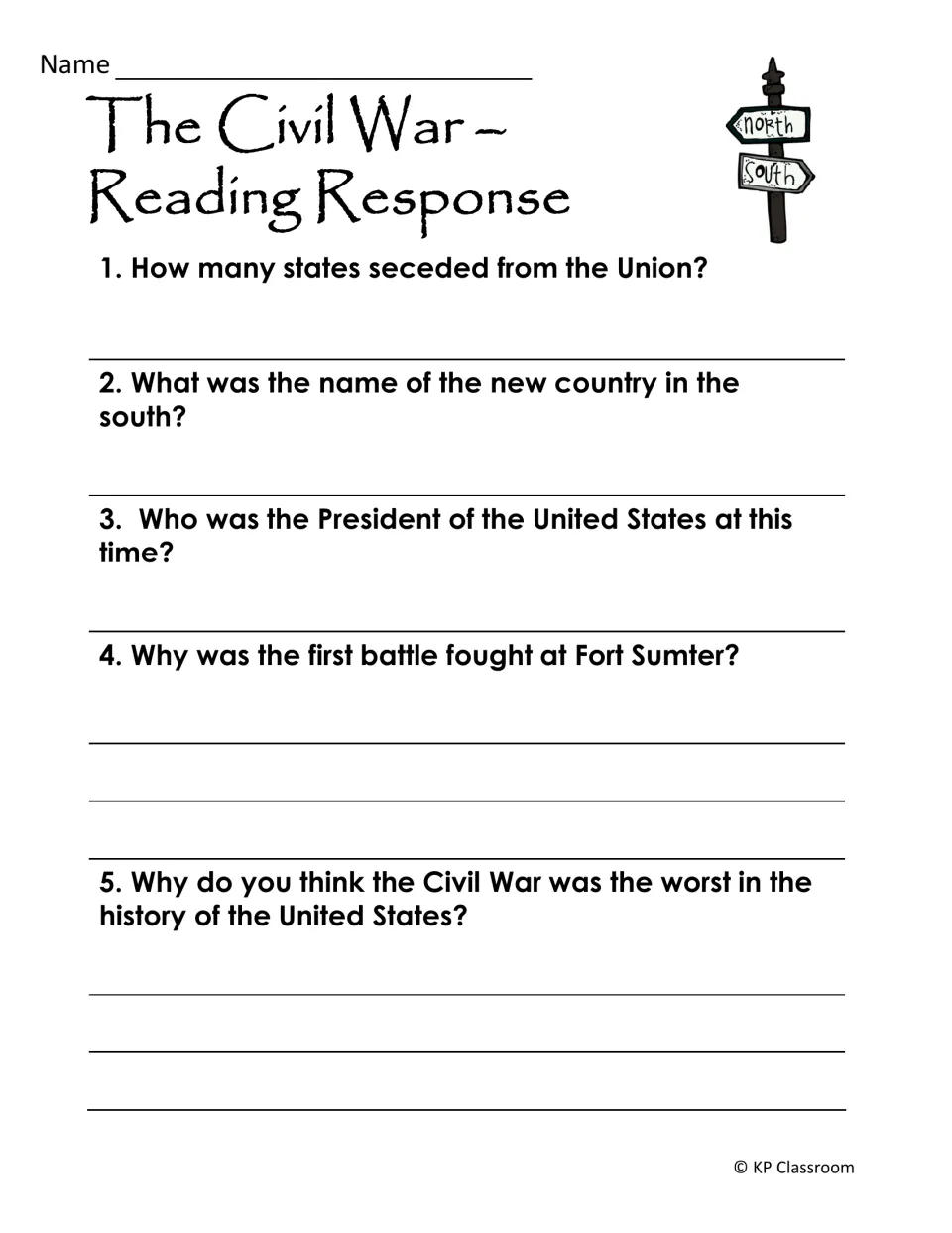 The Civil War reading response: students answer 5 questions on secession, the southern nation, Lincoln and Fort Sumter
