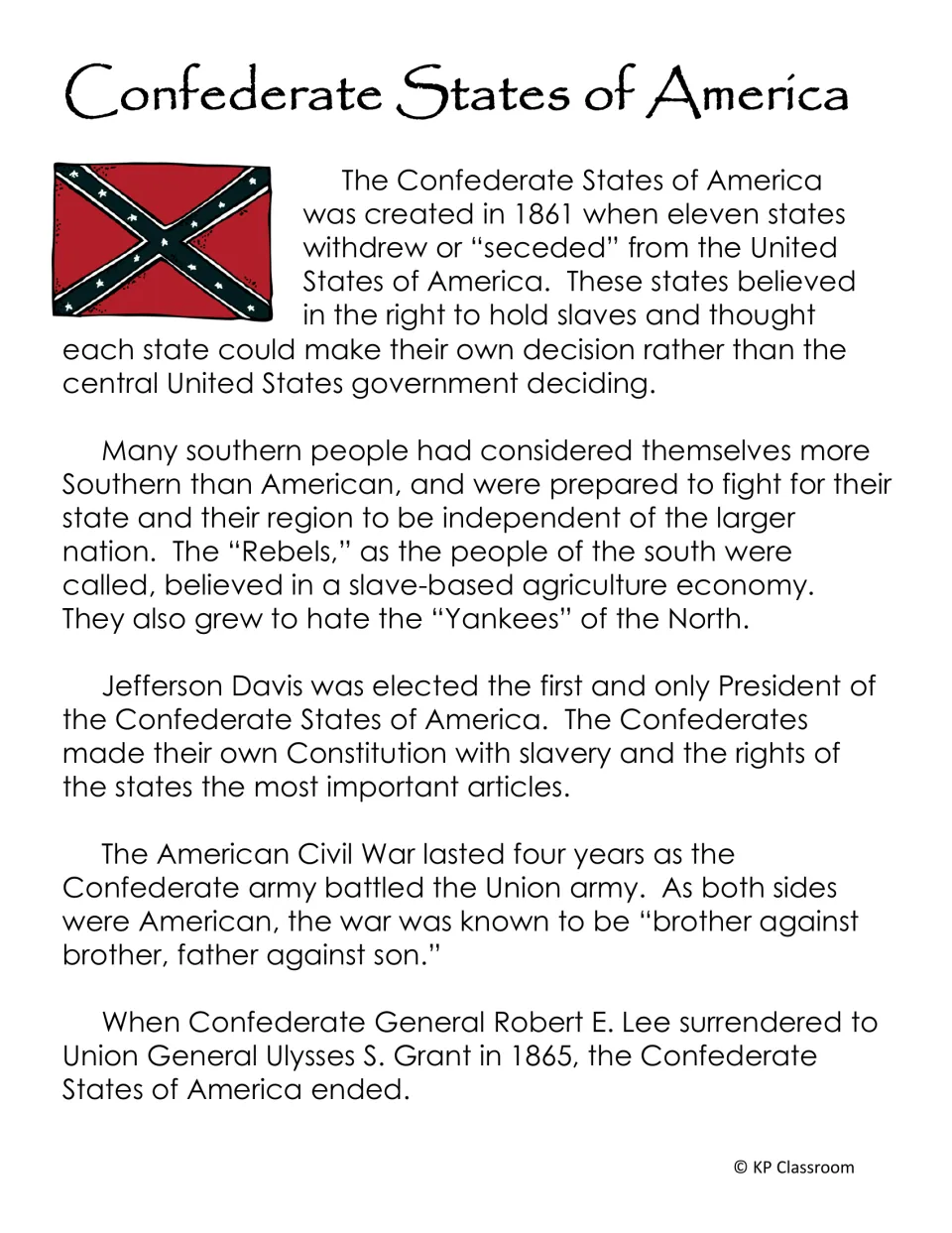Confederate States of America passage: 1861 secession, states' rights, Jefferson Davis and Lee's 1865 surrender to Grant