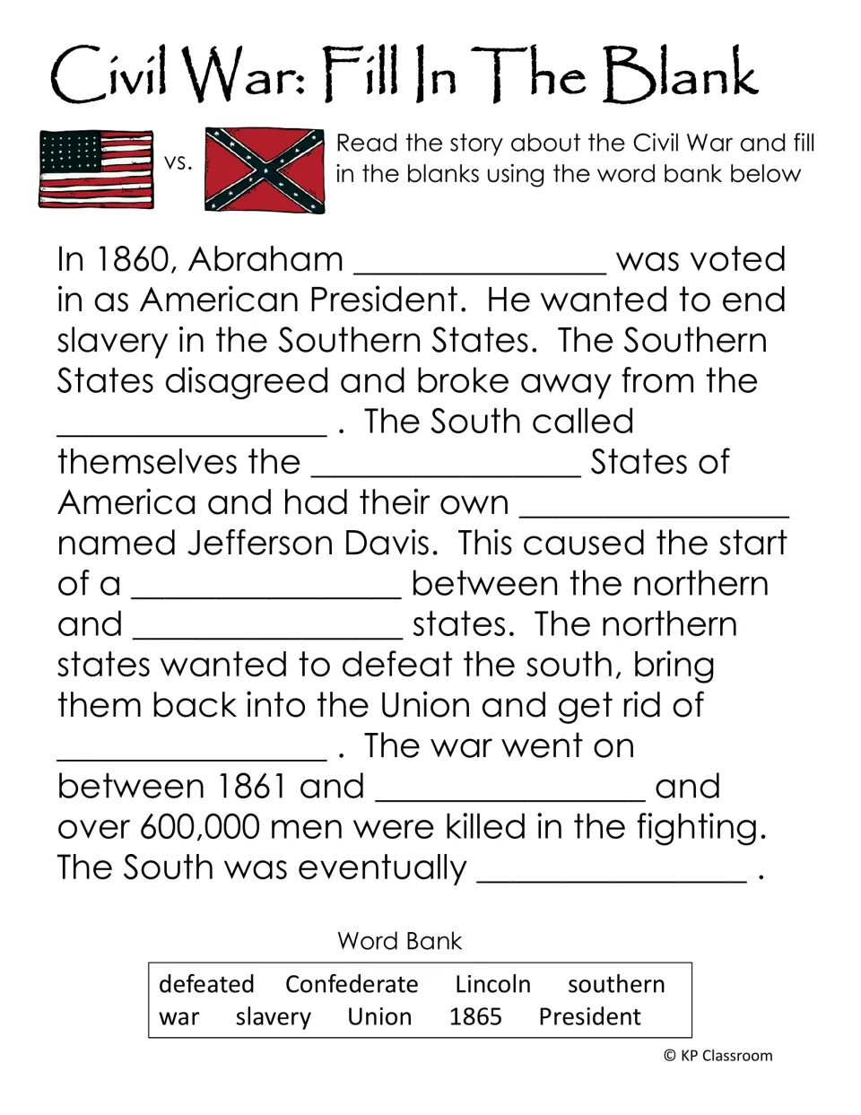 Civil War fill in the blank: students complete a short story about Lincoln, secession and the war using a nine-word bank