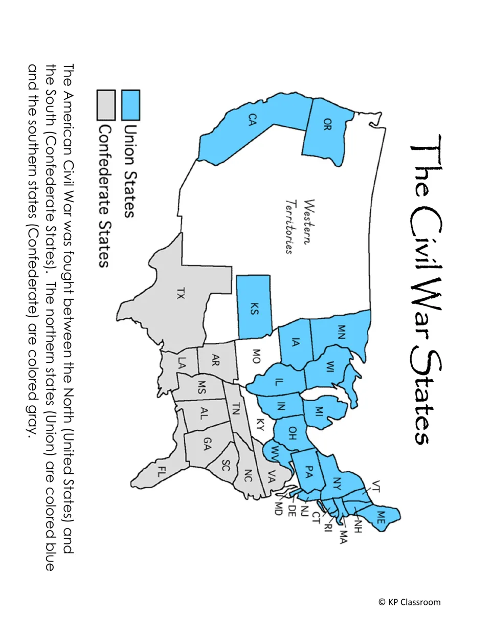 The Civil War States map: Union states shown in blue, Confederate states in gray and western territories, with a key