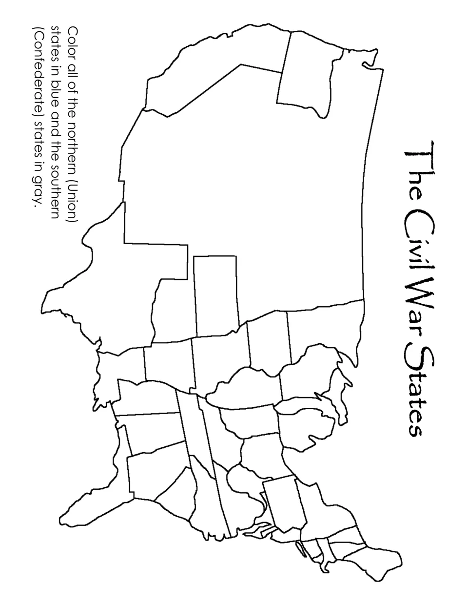 Civil War states coloring map: students color the northern Union states blue and the southern Confederate states gray