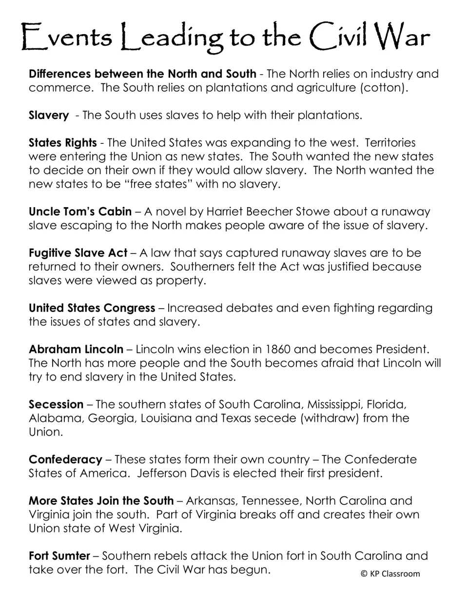 Events Leading to the Civil War: causes from slavery, states' rights and Uncle Tom's Cabin to secession and Fort Sumter