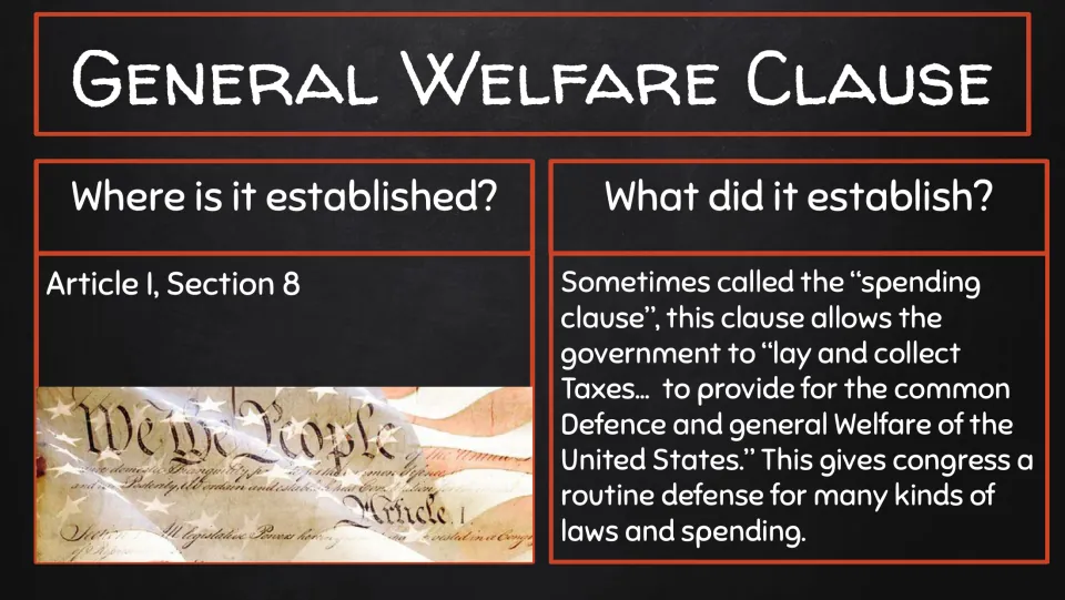 General Welfare Clause slide identifying Article I, Section 8 and explaining taxing and spending powers