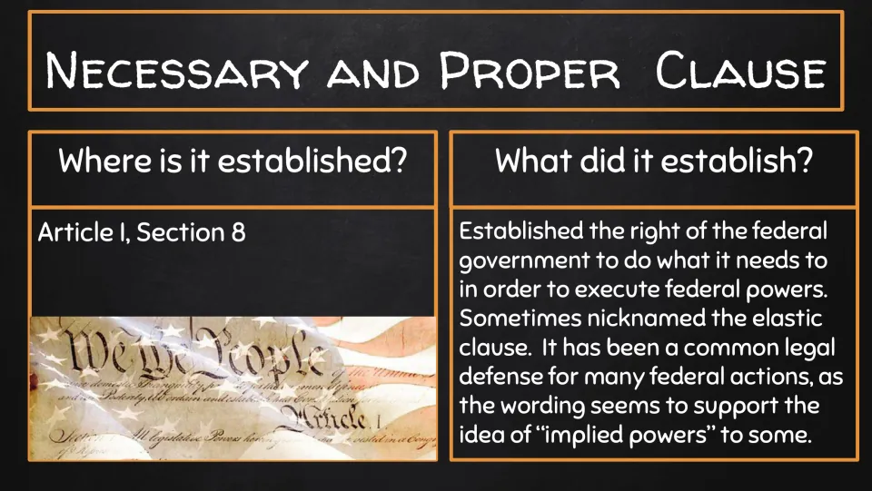 Necessary and Proper Clause slide locating it in Article I, Section 8 and explaining implied powers