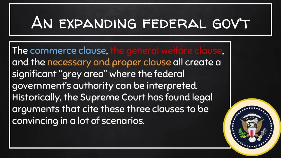 Federal power explanation slide linking three clauses to interpretations of authority and Supreme Court arguments