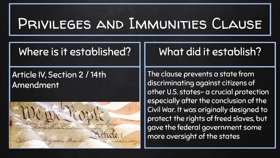 Privileges and Immunities Clause slide discussing state discrimination against citizens of other U.S. states