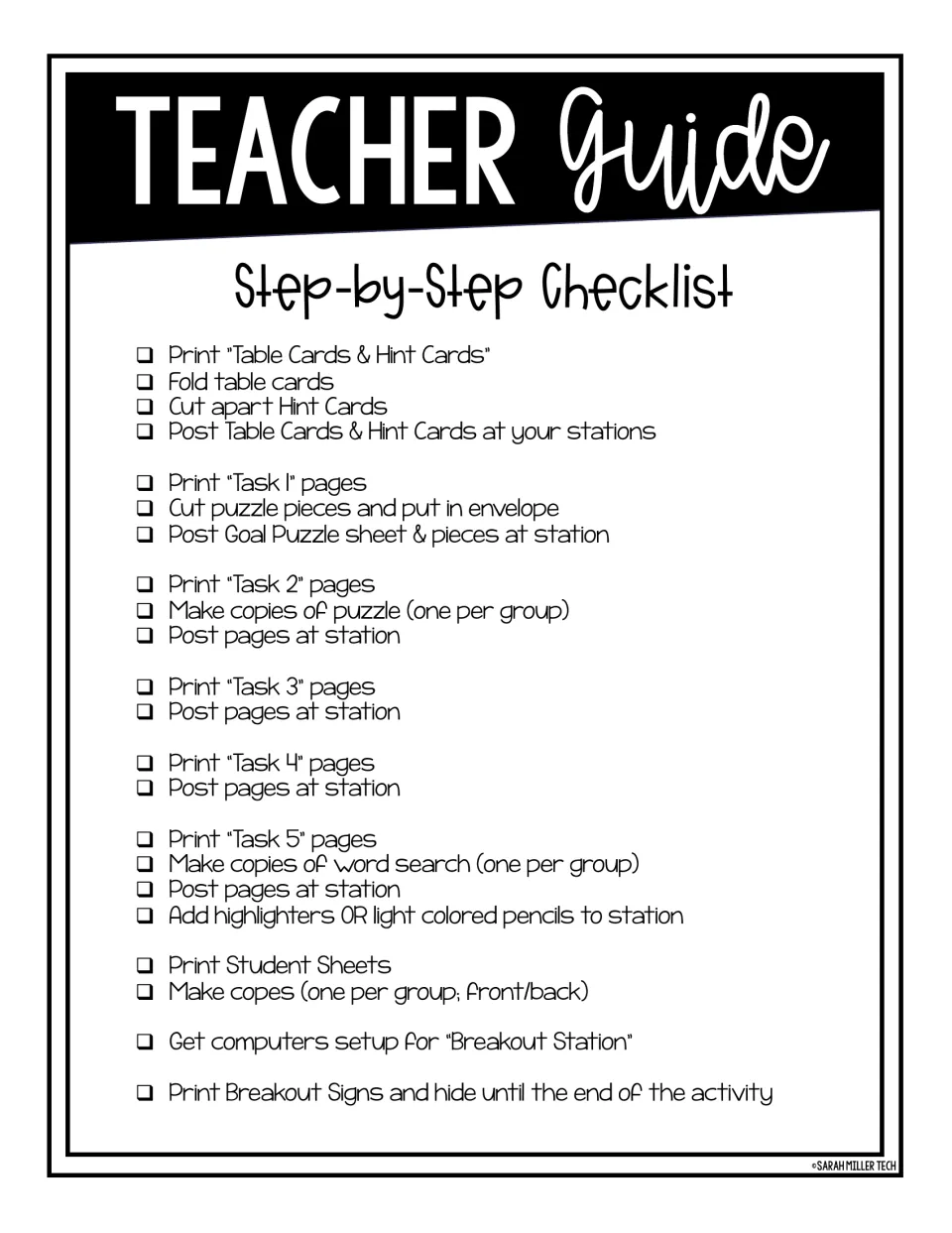 Teacher guide step-by-step checklist for printing, cutting and posting table cards, hint cards and Task 1 to 5 pages