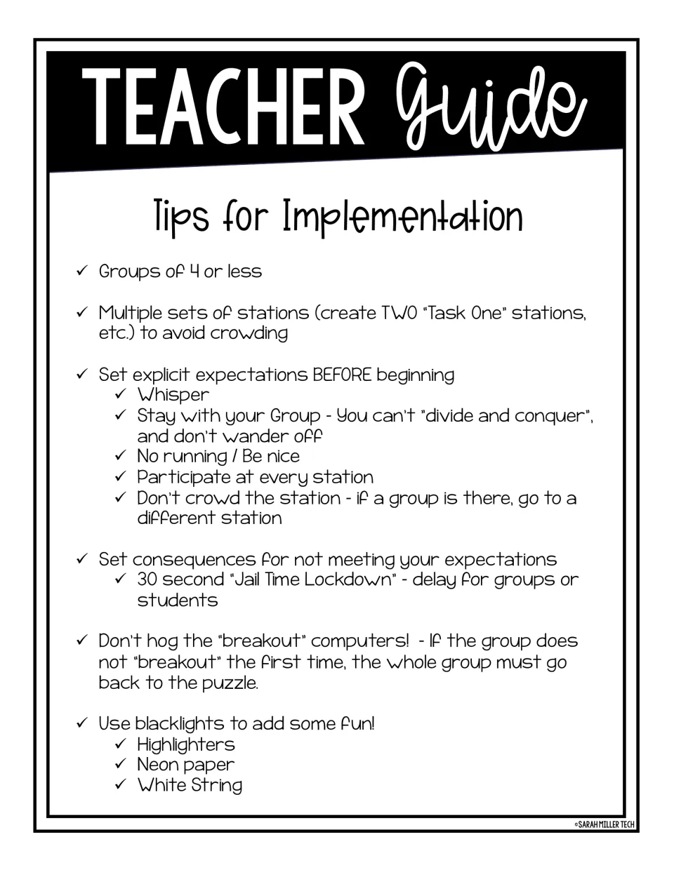 Teacher guide tips for implementation: groups of 4 or less, duplicate stations, behavior expectations and jail-time delays