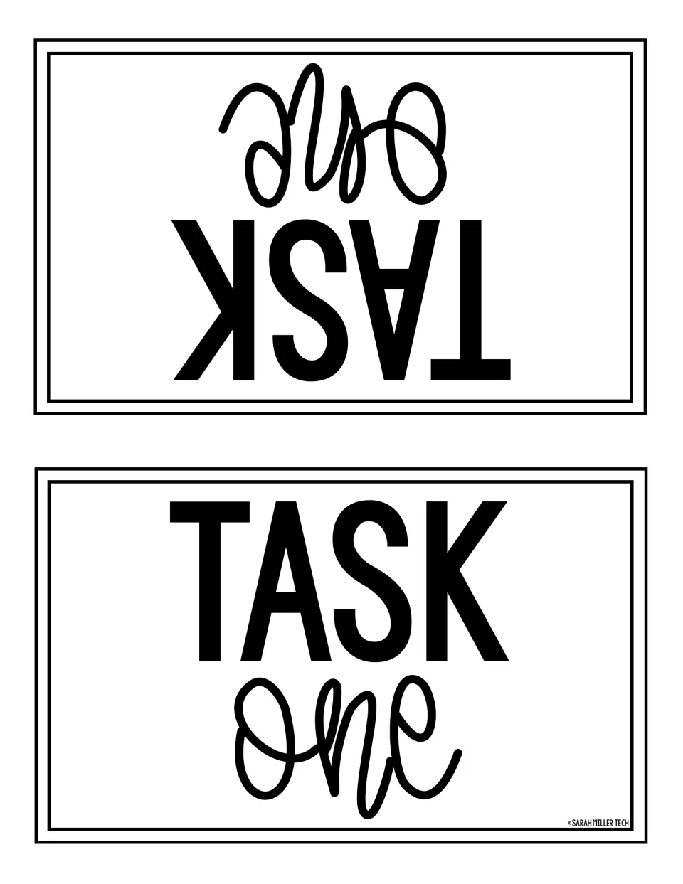 Task One fold-over table card printed with TASK one on both halves, one upside down, to stand at the puzzle station