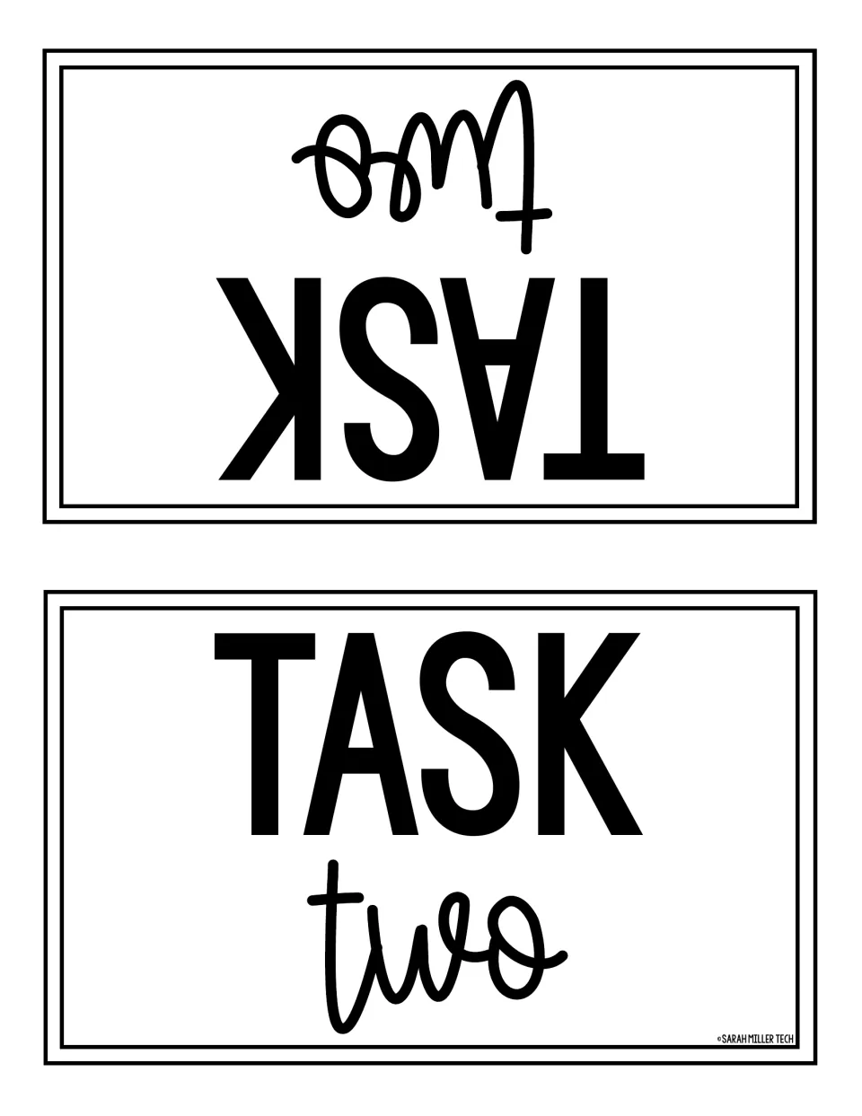 Task Two fold-over table card reading TASK two on both halves so groups can find the cryptogram station from either side