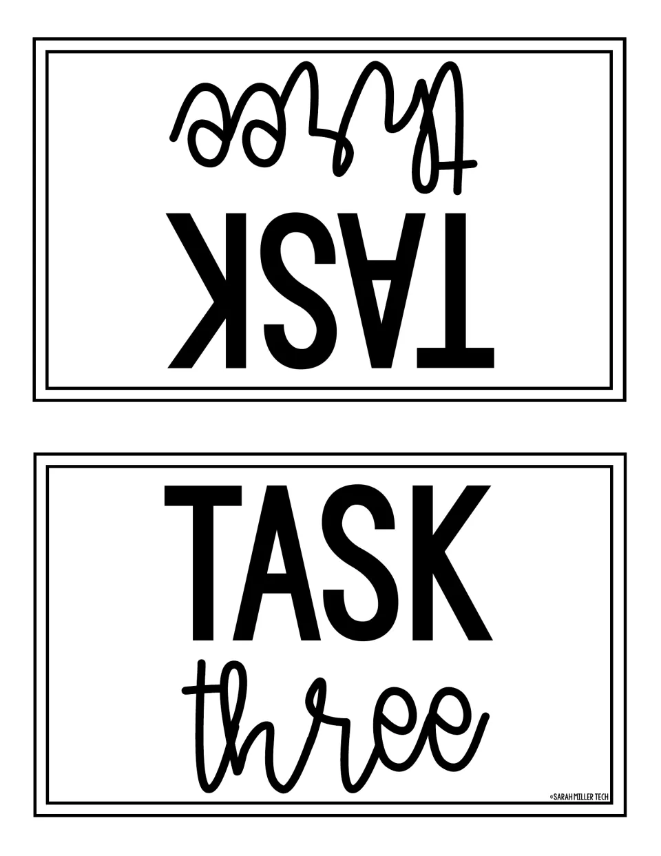 Task Three fold-over table card reading TASK three on both halves to mark the reading passage station for groups