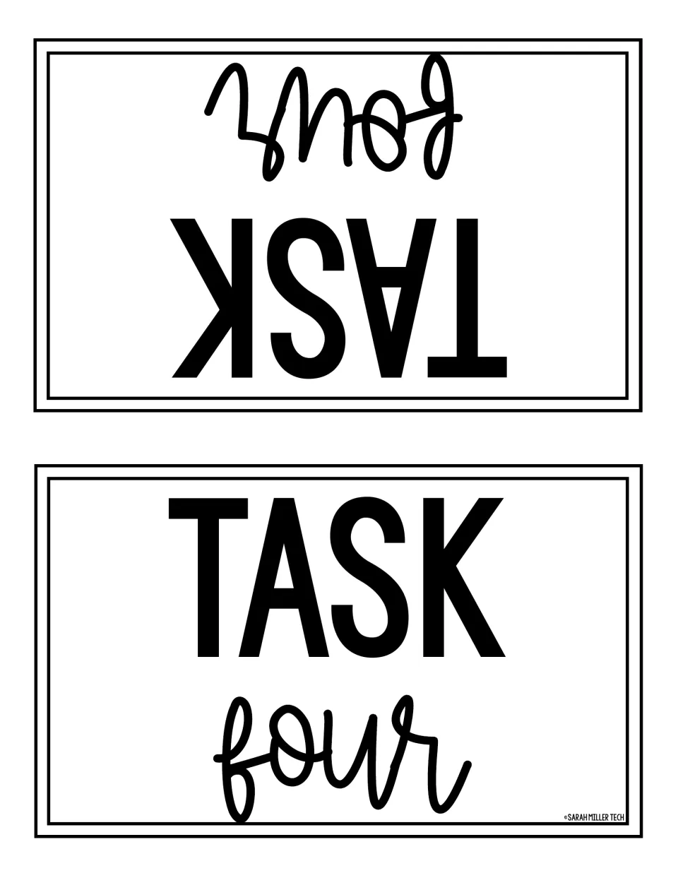 Task Four fold-over table card reading TASK four on both halves, set out at the matching activity station