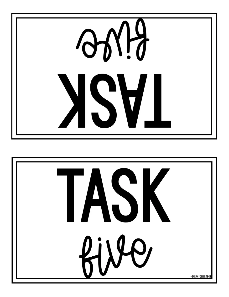 Task Five fold-over table card reading TASK five on both halves, placed where groups complete the word search