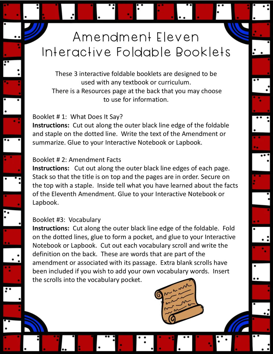 Instructions for assembling three booklets: What Does It Say?, Amendment Facts, and Vocabulary