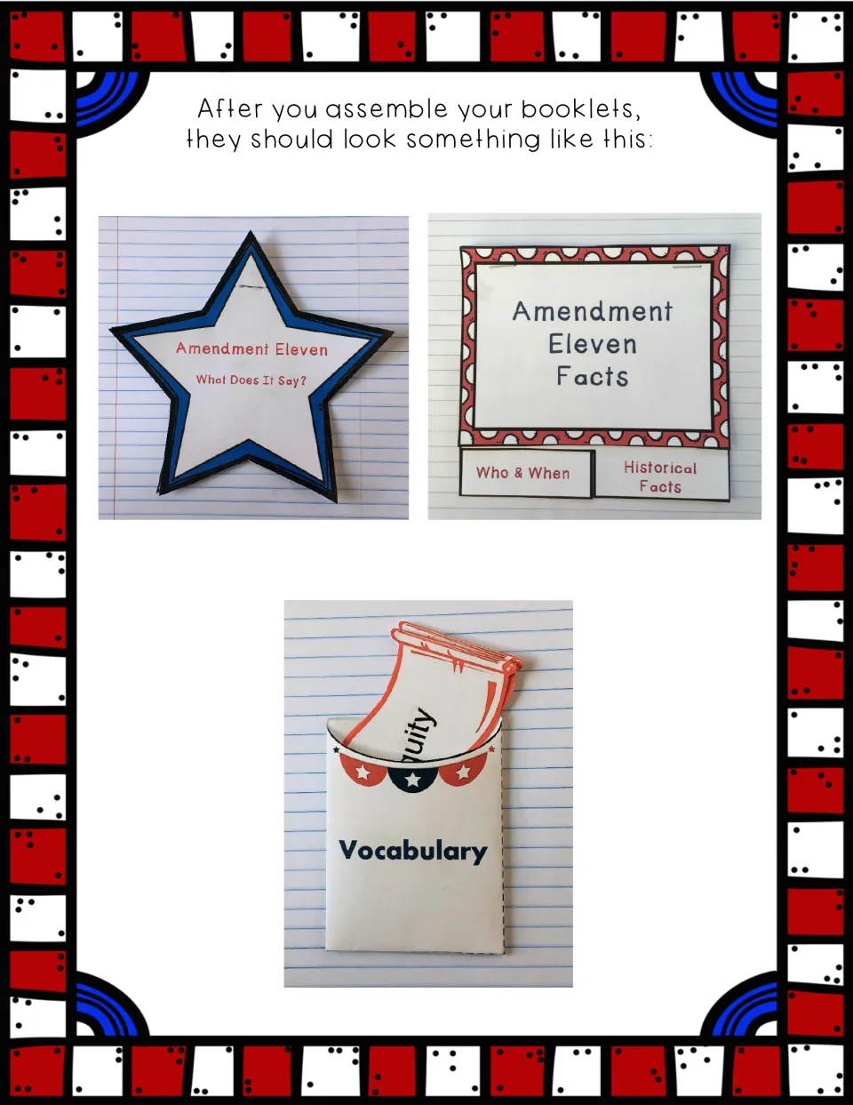 Assembly examples show the amendment-text booklet, facts booklet, and vocabulary pocket with scrolls