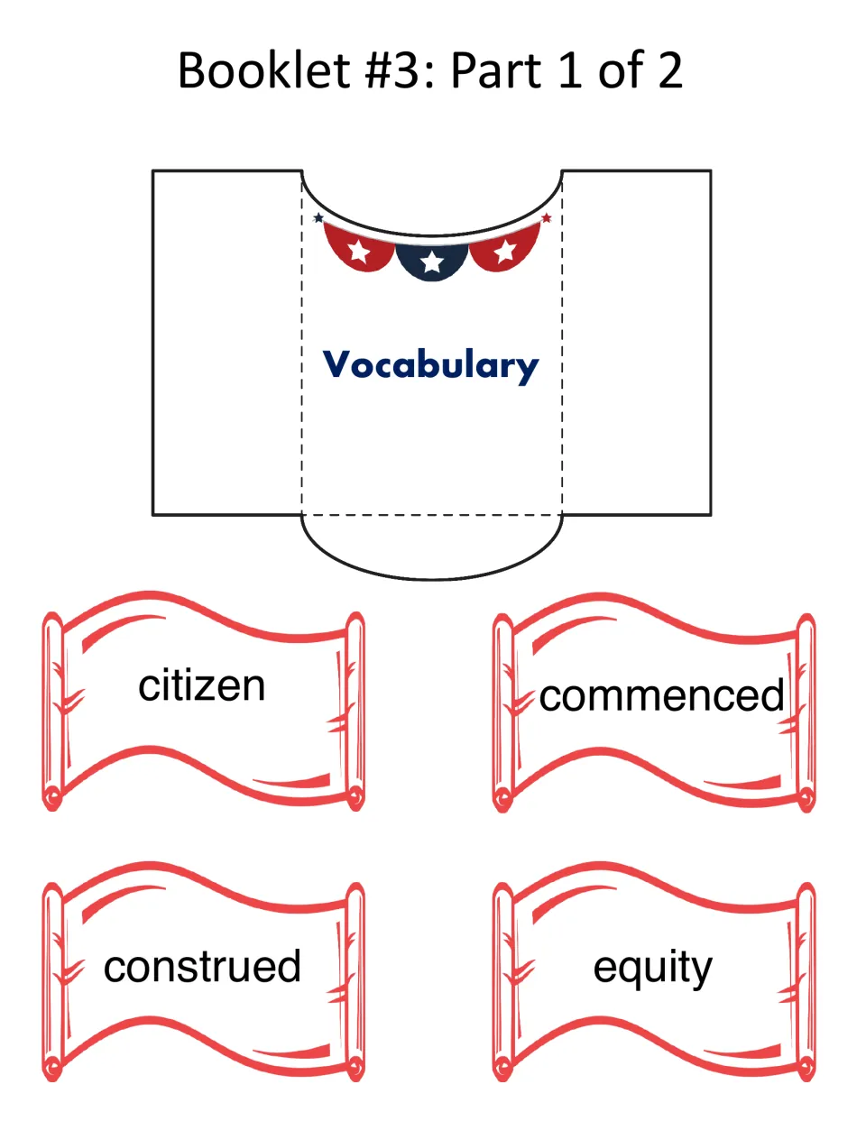 Vocabulary booklet, part 1 of 2: pocket template and four scrolls labeled citizen, commenced, construed, equity