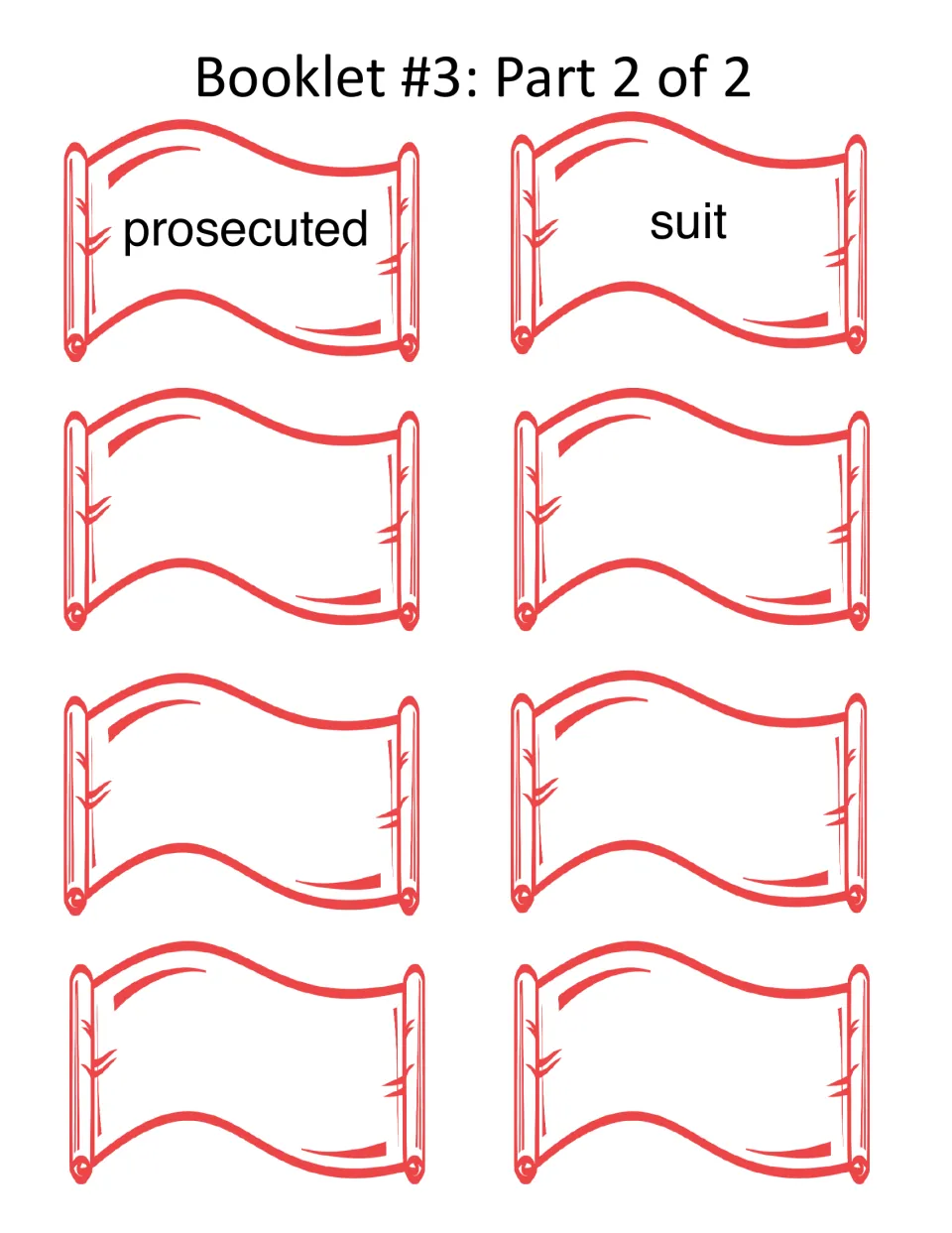 Vocabulary booklet, part 2 of 2: scrolls labeled prosecuted and suit, plus six blanks for added words