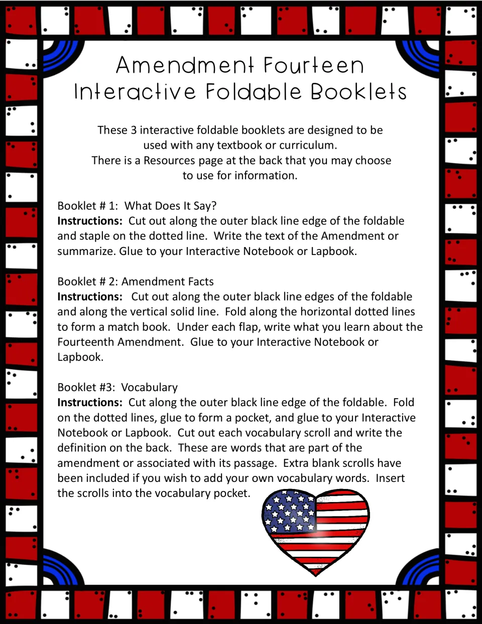 Assembly instructions for three booklets: What Does It Say?, Amendment Facts, and a vocabulary pocket
