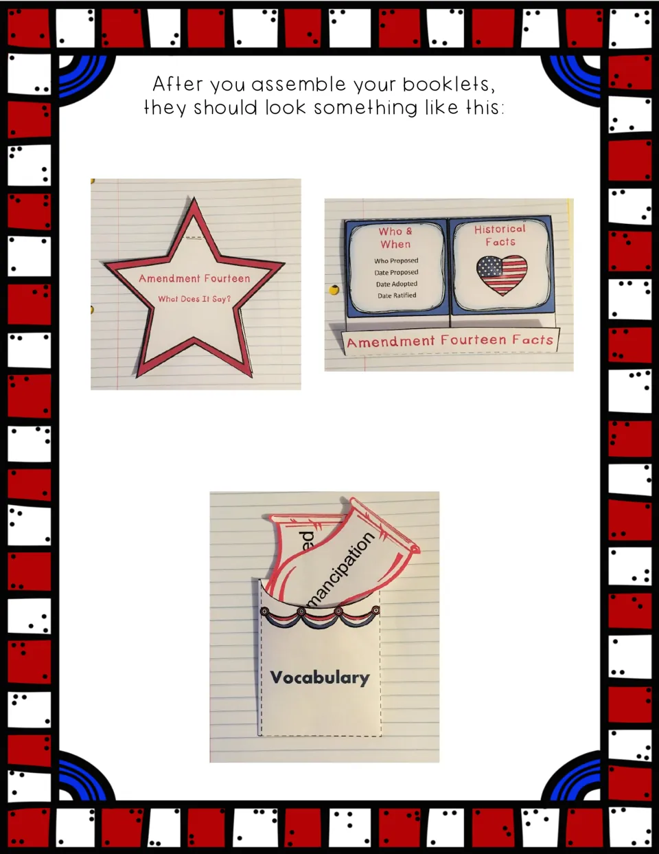 Completed examples of the amendment text booklet, facts foldable, and vocabulary pocket in a notebook
