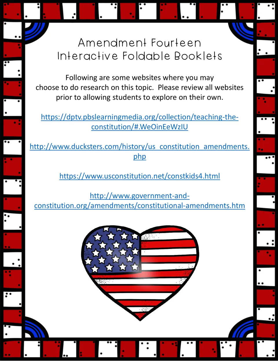 Research resources for the amendment booklets: four website links and a reminder for teachers to review them