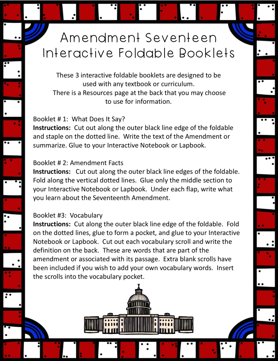 Teacher directions for three 17th Amendment booklets: What Does It Say?, Amendment Facts and a Vocabulary pocket