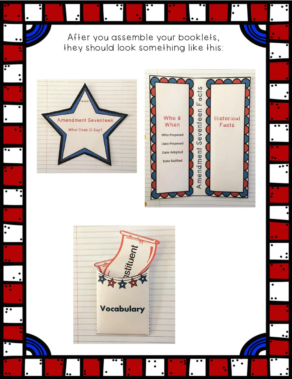 Assembled examples: star booklet, Who & When / Historical Facts flap book and vocabulary pocket glued in a notebook